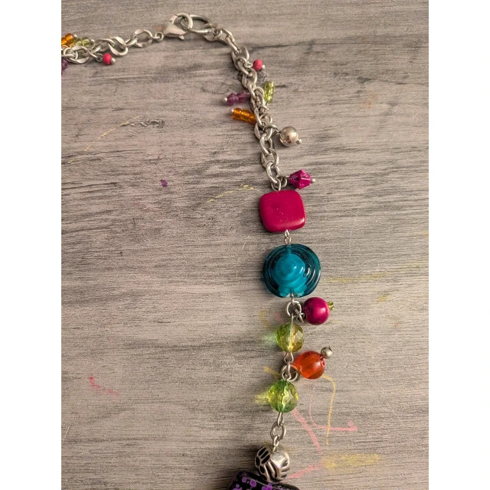 Boho Multi Color Mixed Media Bead Statement Necklace Silver Tone Enamel Pendant